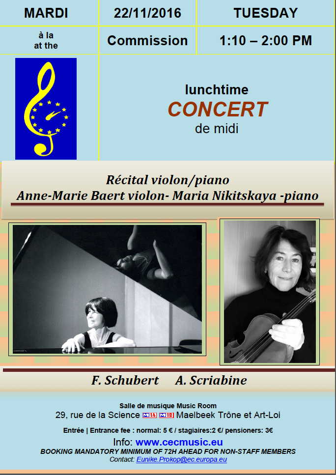 Affiche. Lunchtime concert de midi. Récital Anne-Marie Baert (violon) et Maria Nikitskaya (piano). 2016-11-22